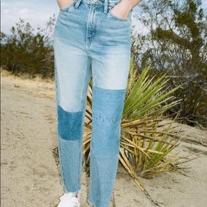 High-Waisted Slim Straight Jean- Patchwork Denim